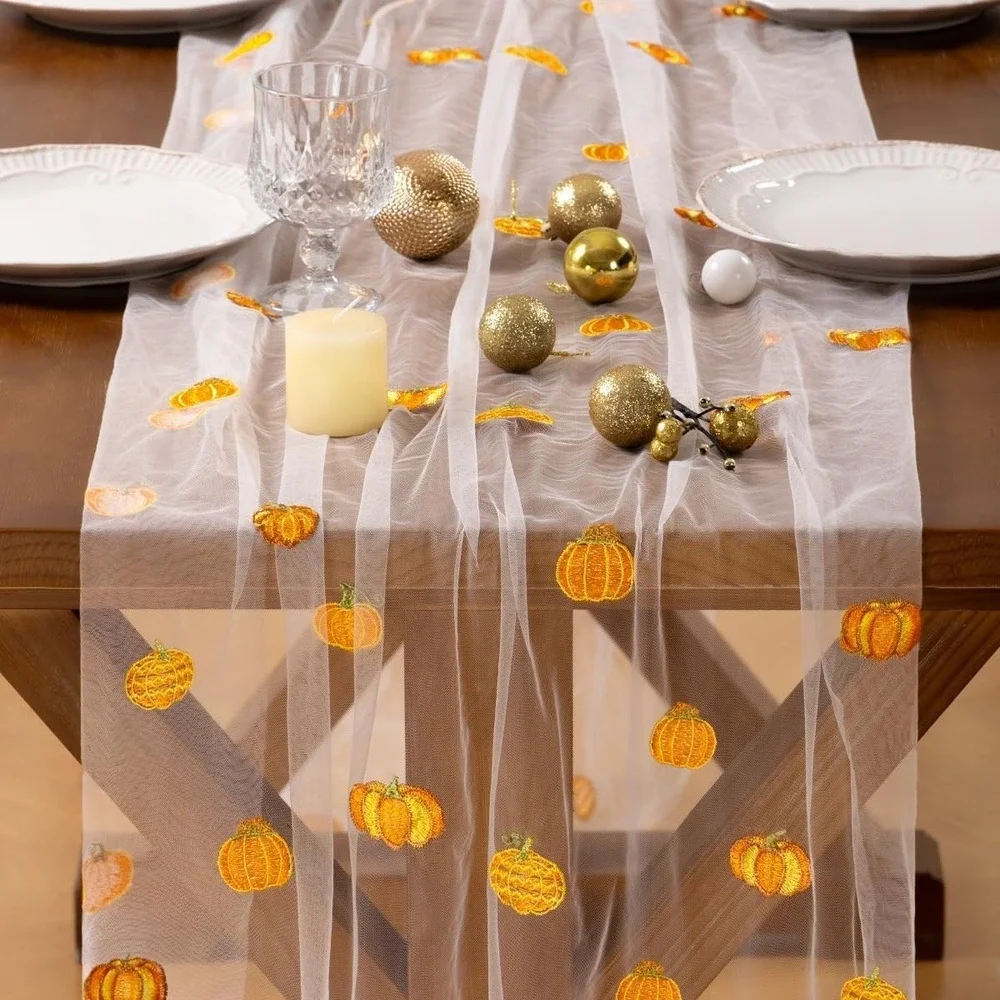 Socomi 3pcs Falll Thanksgiving Table Runner Pumpkin Leaf Tulle Gauze Cheesecloth